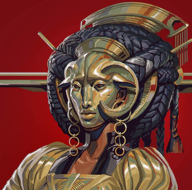 the image is a digital painting of a female character, possibly a goddess or queen, wearing a large, ornate golden headdress adorned with ram horns. the headdress is intricately detailed and covers most of her face, leaving only her eyes, nose, and mouth visible. her hair is styled in long, thick braids that intertwine with the headdress. she wears a goldcolored robe or dress and large, golden earrings. the background is a deep red, which contrasts sharply with the gold tones of her attire and headdress.  the overall style is stylized and elegant, conveying a sense of power and mystery. the artwork is highly detailed and showcases exceptional skill in digital painting.