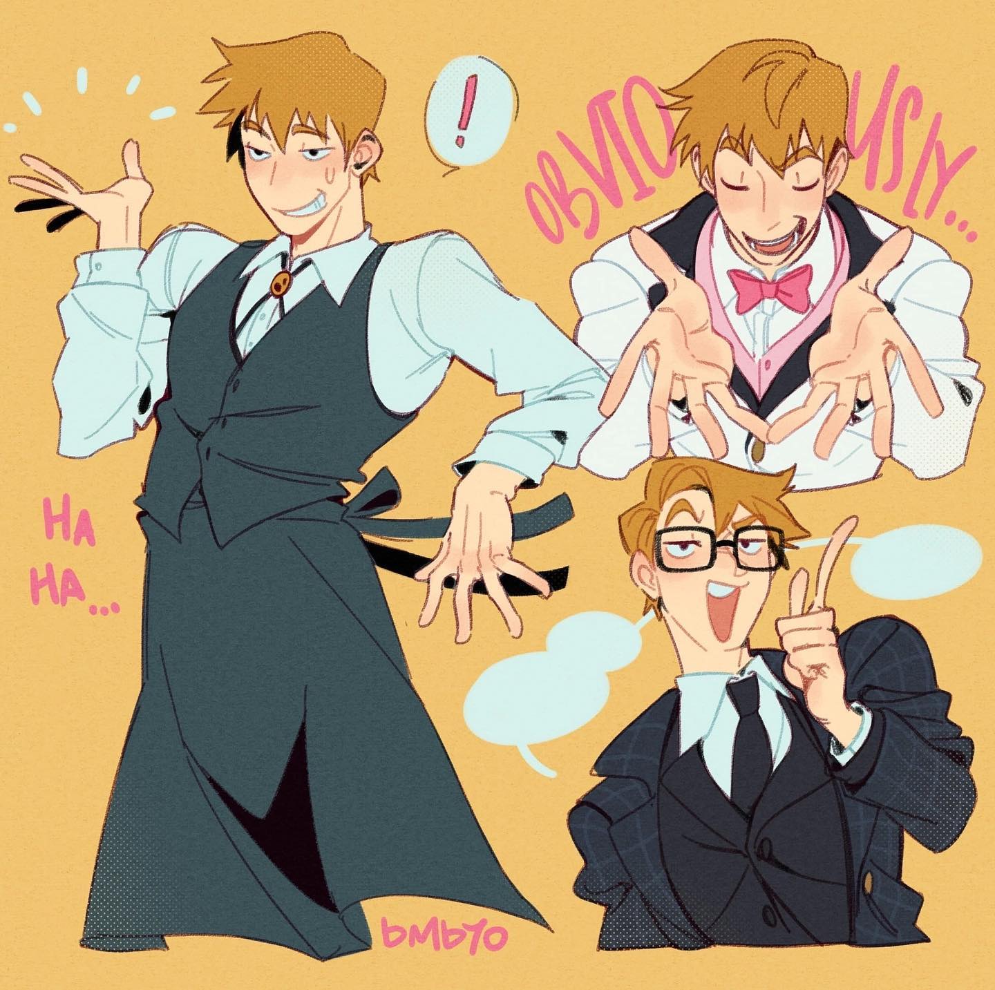 he image contains a colorful and whimsical illustration featuring three animestyle male characters.  one is dressed as a waiter with an apron and vest, playfully gesturing. another is dressed in a more formal suit and glasses, looking cheerful and slightly goofy.  a third character, also in waiter attire, is shown with hands outstretched in a welcoming gesture. the style is expressive and cartoonish.  speech bubbles with text add to the playful and humorous feel. the background is a simple solid light yelloworange. the overall tone is lighthearted and fun.