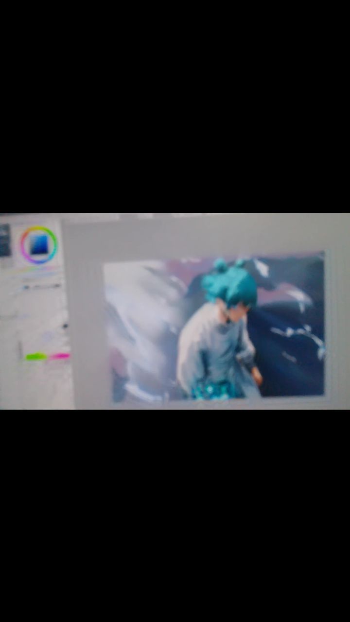 the image shows a screen capture of digital painting software.  the main focus is on a digital painting in progress, depicting an animestyle female character with bright teal hair. she's dressed in lightcolored clothing and appears to be in a somewhat pensive or melancholic pose. the background of the painting is abstract and swirly, primarily in shades of white, grey, and dark blue. the software interface is visible on the left, displaying a color picker and other tools. the overall aesthetic is dreamy and artistic.