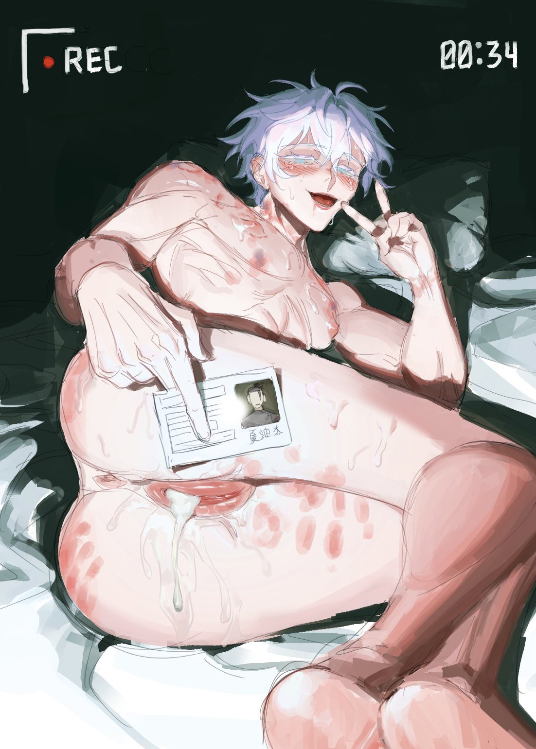 he image depicts an animestyle illustration of a naked young man lying on a bed. the man has pale skin, white and purple hair, and glasses. he is smiling and giving a peace sign with one hand. his body shows bruises, marks, and semen stains. he holds an identification card in his other hand. a red "rec" indicator and a timestamp ("00:34") are visible in the top corner, suggesting that the scene is being recorded. the overall style is explicit and suggestive of sexual activity.