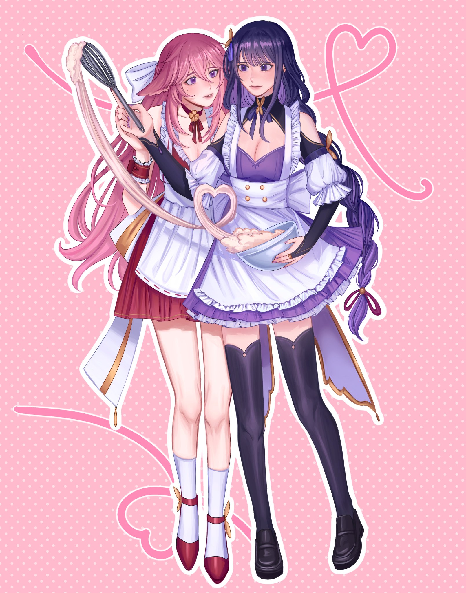 the image depicts two anime girls dressed as maids, standing close to each other against a pink background with hearts. the girl on the left is wearing a red and white dress, while the girl on the right is wearing a purple and white dress. they are both smiling, and the girl on the left is holding a whisk and a bowl of flour. the image appears to be a fanart illustration, focusing on cuteness and the girls' relationship.