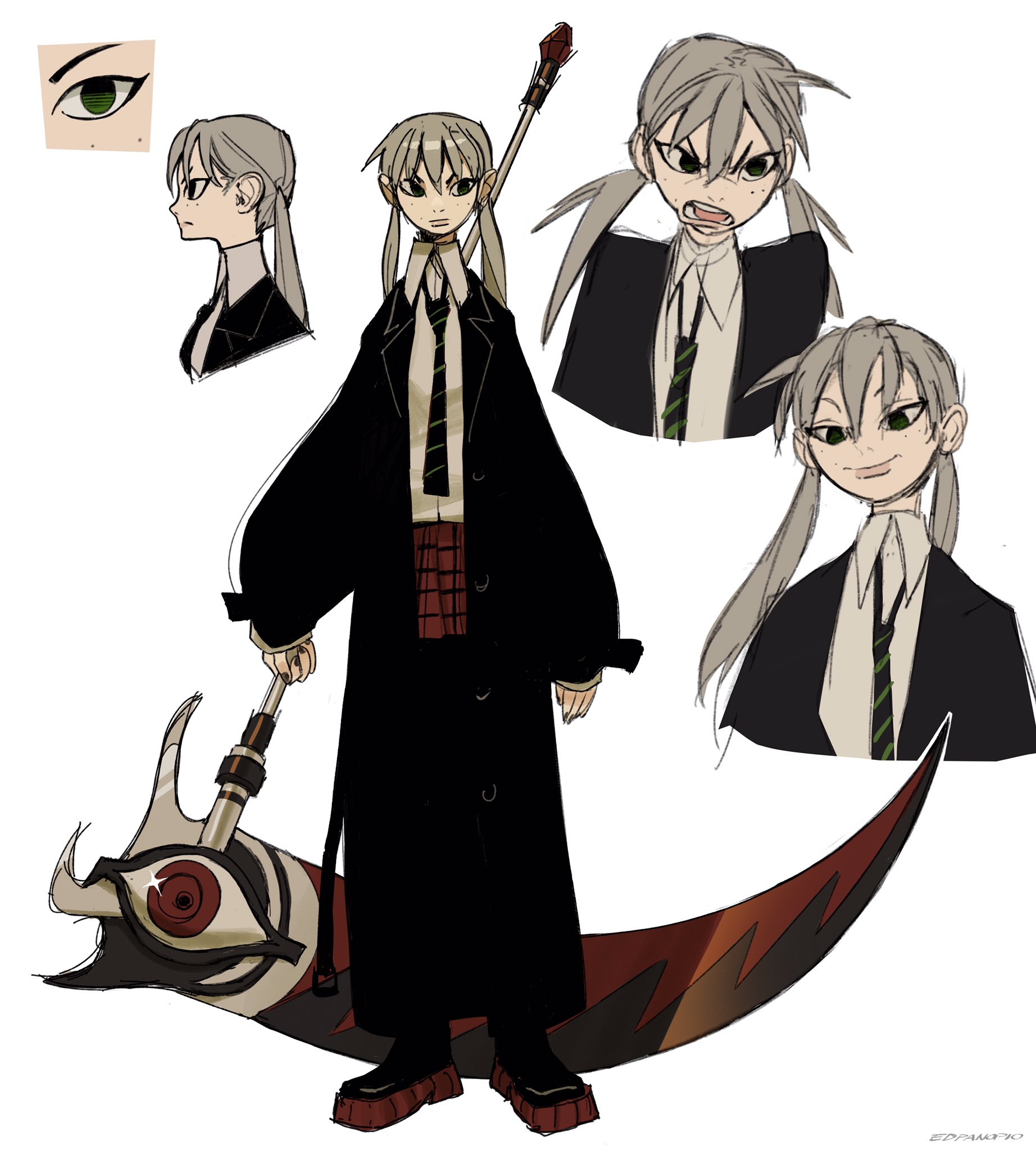 the image presents a detailed character design sheet for maka albarn from the anime/manga soul eater.  it features multiple views of her: a fullbody depiction showing her in her signature school uniform and wielding her scythe weapon, a side profile, and several closeups showcasing different facial expressions.  the design includes detailed elements like her clothing, hair, and the unique design of her weapon. the style is consistent with the original soul eater artwork, with a slightly rough, sketched quality that is typical of concept art. an artist signature, "eddmuto," is visible in the bottom right corner.