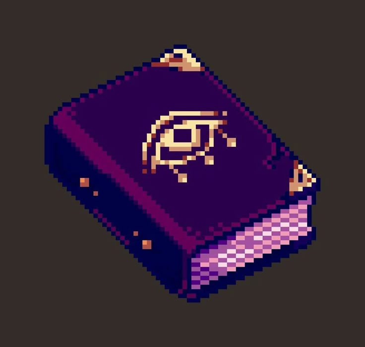a pixel art illustration of a purple spellbook with an eye symbol on the cover. the book is shown in an isometric view with golden corner accents and a stack of pages visible from the side.