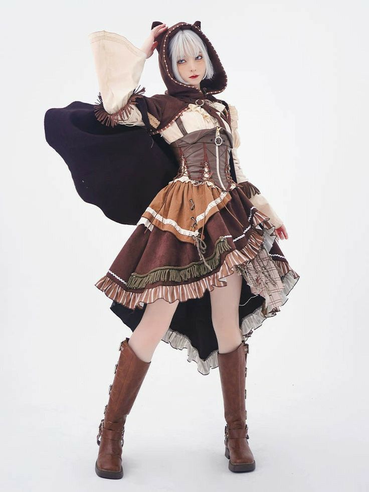 a full shot of a woman in a fantasythemed cosplay costume, standing against a white background. she is wearing a brown hooded cape with what appear to be animal ears on the hood. underneath, she has a detailed brown dress with layers of fabric, including a corsetlike bodice and a tiered skirt. her legs are clad in lightcolored stockings, and she is wearing brown kneehigh boots with buckle details. she has short white hair and a serious expression. the overall look is detailed and appears to be of high quality.