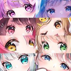 the image is a digital illustration featuring a collection of closeup anime girl eyes. each pair of eyes boasts a unique color palette and shape, highlighting the artistic skill in depicting diverse and expressive anime characters. the style leans towards a soft, ethereal aesthetic, with delicate linework and a focus on capturing the captivating allure of anime eyes.