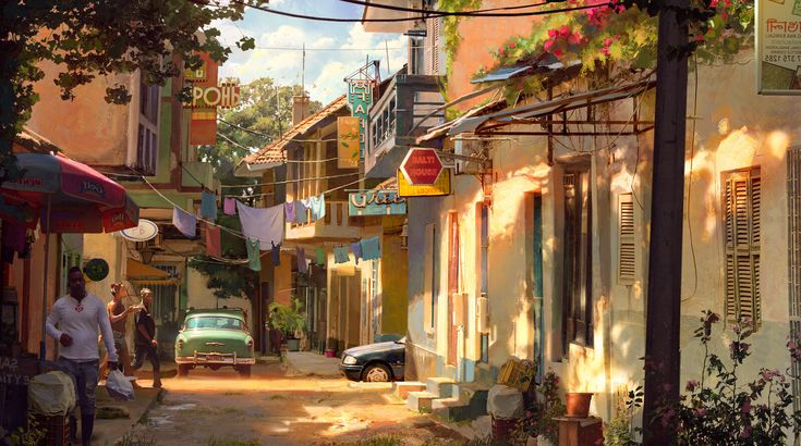 this is an illustration of a street scene in a mediterranean town. there are buildings on both sides of the street, with balconies and awnings. there are cars parked on the street, and people walking around. the sun is shining brightly, and there are shadows cast by the buildings and trees. the overall feel of the image is warm and inviting.