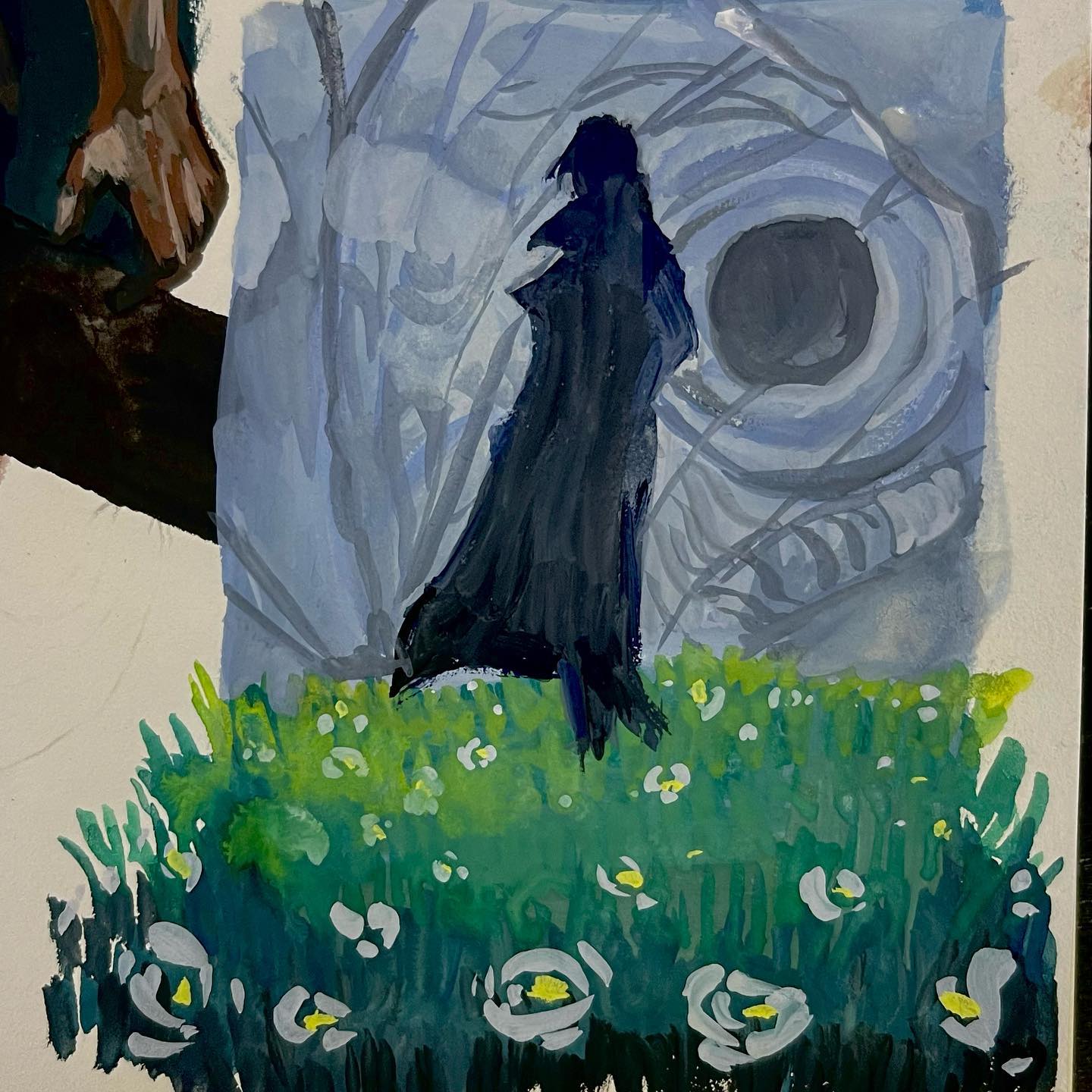 the image depicts a lone figure cloaked in black standing before a swirling bluetoned portal or void within a dark forest. the figure is positioned on a patch of vibrant green grass dotted with white and yellow flowers. the lighting is dim and ethereal, with a subtle spotlight effect on the figure, emphasizing their isolation and the mysterious atmosphere.  the scene evokes a sense of journey, adventure, and the unknown.