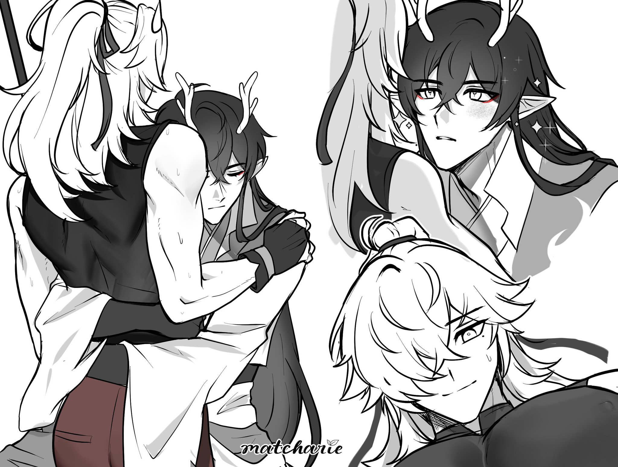 this is a black and white illustration of two anime boys, one with long blond hair and the other with long black hair, embracing each other. the boy with blond hair is wearing a white shirt and black pants while the boy with black hair is wearing a black shirt and white pants. their expressions are tender, suggesting a close relationship or affection. the art style is drawn in a sketchy manner, suggesting an intimate and emotional tone.