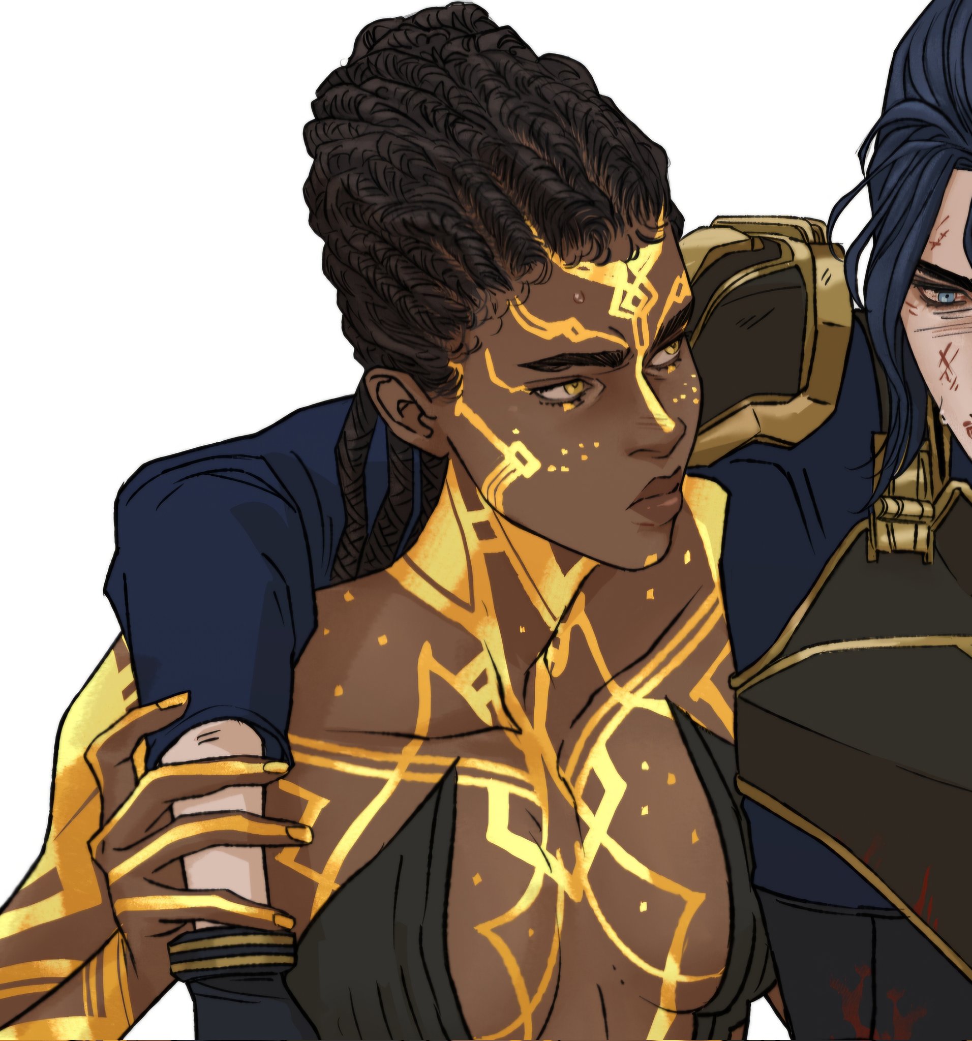 the image is an illustration of a woman with dark skin and braided black hair, adorned with intricate gold markings on her face, neck, chest, and hands. she wears a darkcolored, lowcut top and has a serious expression. her skin tone is a deep brown, contrasting with the bright, metallic gold patterns. the illustration appears to be from the animated series arcane.
