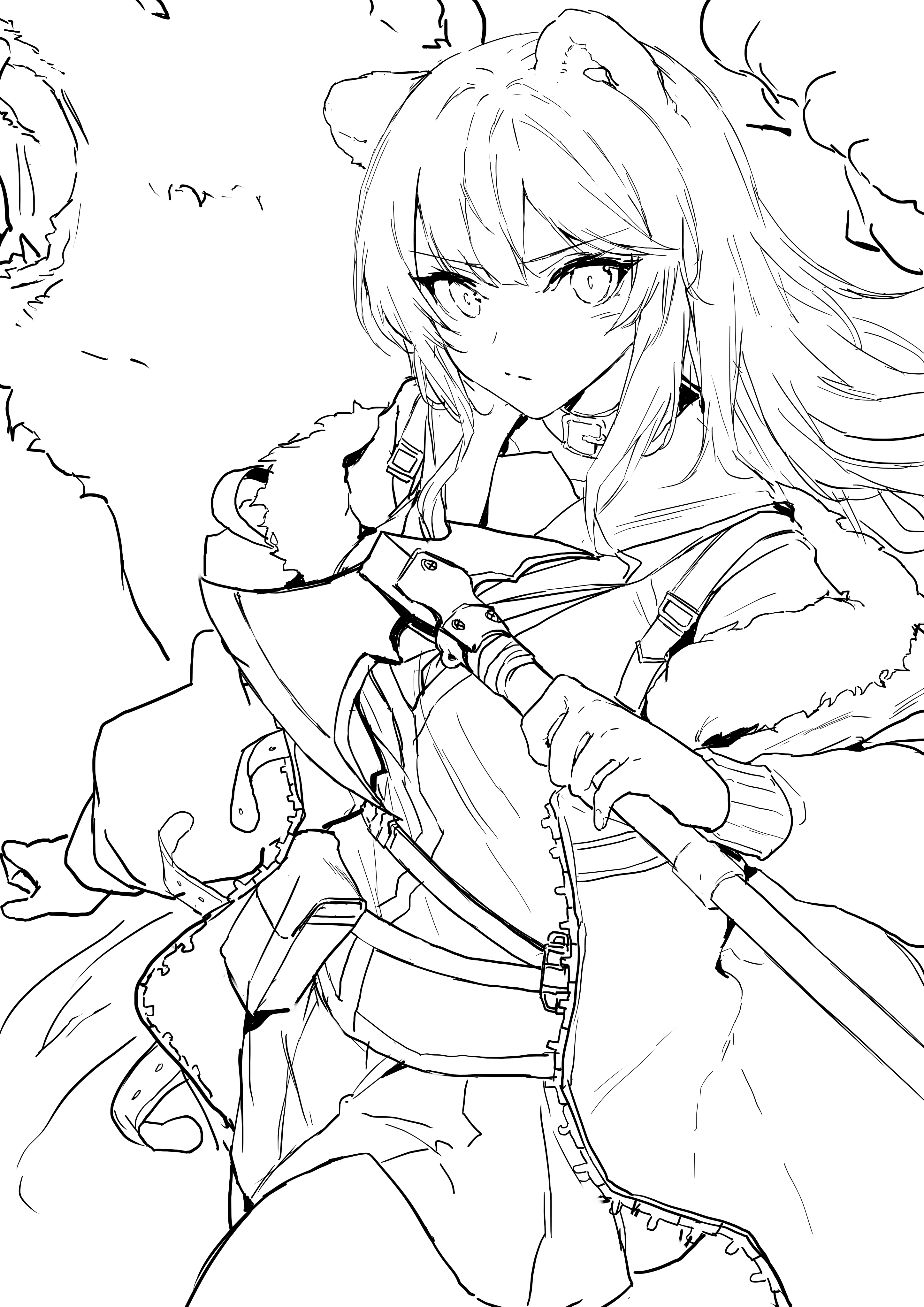 he image is a line drawing of an animestyle girl. she has long hair, animal ears (possibly wolf or fox), and is wearing a hooded, furtrimmed jacket and appears to be holding a large axe. the style is dynamic, suggesting action or movement.  the drawing is in black and white with varying line weights for shading and emphasis.  the background is partially obscured by what might be a large animal or a piece of clothing.