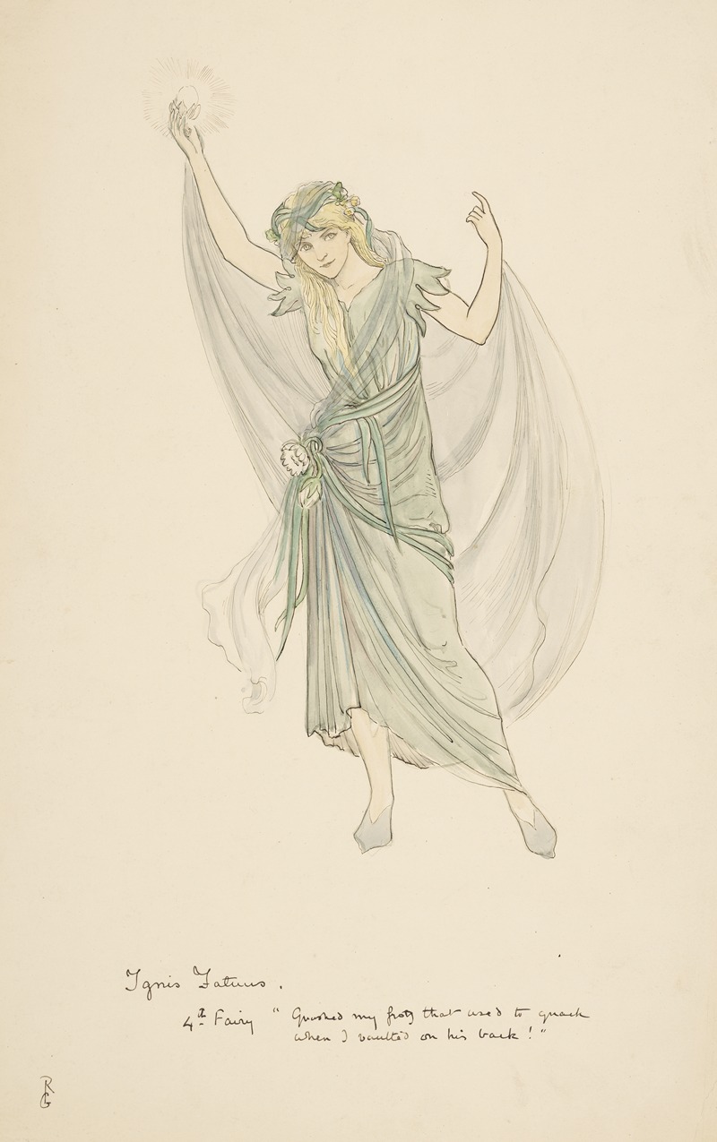 a watercolor drawing of a fairy in a flowing green dress, holding a light orb, with the title "ignis fatuus" and the phrase "guarded my frog that used to croak when i seated on his back!".
