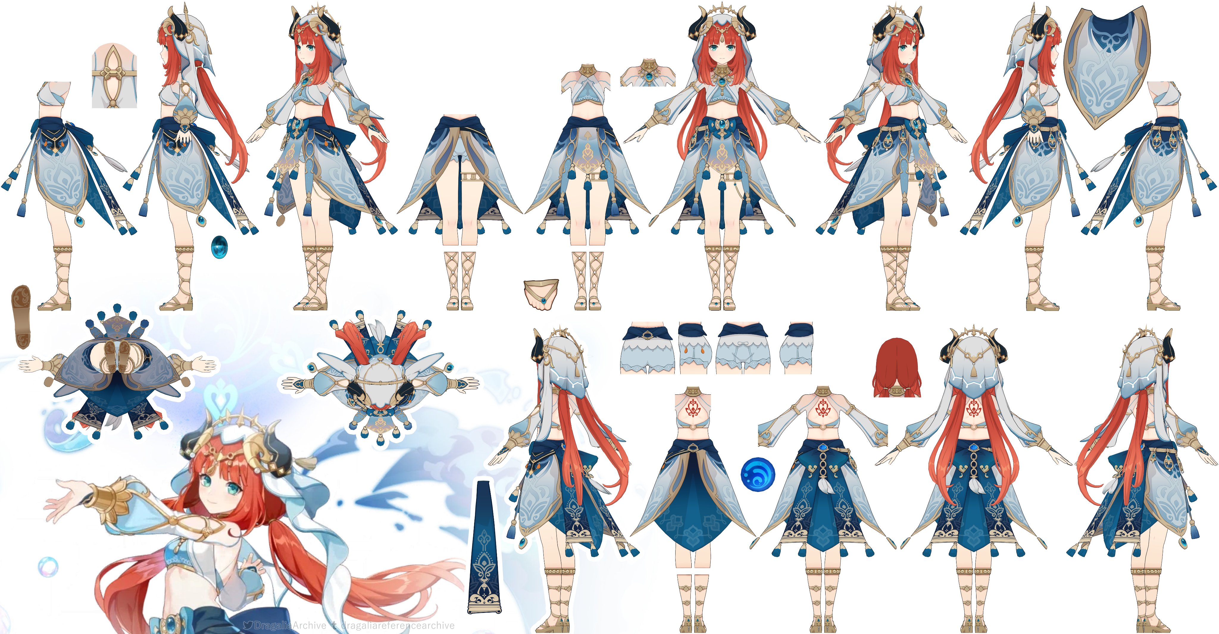 a series of illustrations showcasing the front, back and side views of a female character design. the character has long red hair, horns, and is wearing an elaborate blue and white outfit. the illustrations show the character in various poses, and also includes closeup views of her clothing and accessories.