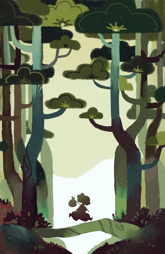 the image depicts a person walking along a winding path in a stylized forest. the scene is painted in shades of green and brown, with a focus on the interplay of light and shadow among the trees. the person is small in the frame, emphasizing the vastness of the surrounding nature.  the overall mood is peaceful and somewhat mysterious, hinting at a journey or adventure.