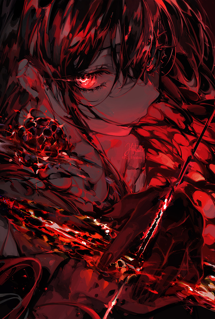 the image is a dynamic and intense illustration of a female anime character amidst a dark and abstract background.  she is depicted in a closeup perspective, her face partially obscured by shadows and splatters of what appears to be blood.  her single visible eye glows a vibrant red, reflecting the overall color scheme of the piece.  she seems to be holding a weapon, potentially a sword or a scythe, partially concealed by the interplay of shadows and bright red highlights.  chains, also rendered in shades of red and black, are wrapped around her arm, adding to the overall sense of power and danger.  the lighting is dramatic and lowkey, emphasizing the character's intense expression and the violent energy of the scene.  the palette is dominated by various shades of red and black, further enhancing the unsettling and captivating atmosphere.