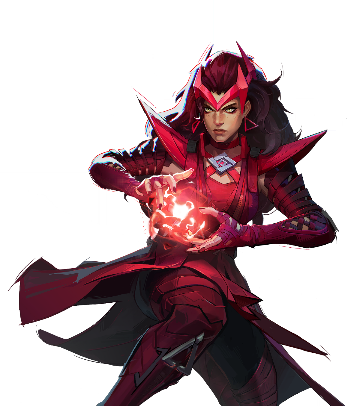 the image depicts scarlet witch, a superhero from marvel comics, in a dynamic pose. she is wearing her signature red costume, which is detailed with various armorlike elements. she is holding a glowing red orb in her hands, suggesting she is using her magic powers. the artwork is a digital illustration with a fantasy feel. the background is black, emphasizing the character. she has a serious expression on her face.