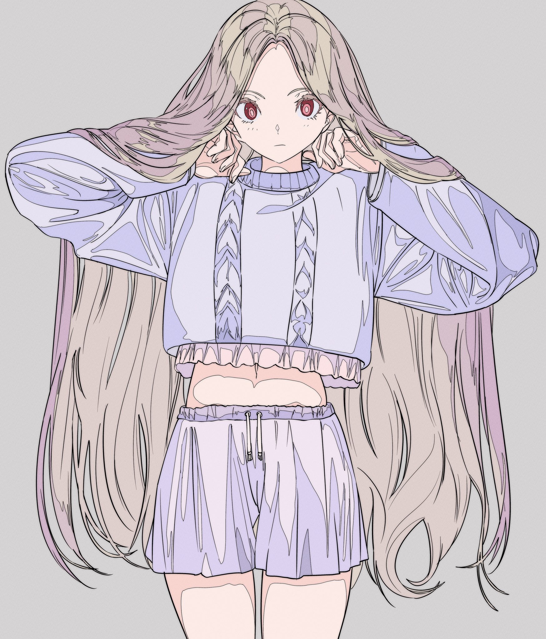 the image is a digital drawing or illustration of an animestyle girl. she has long, light blonde/pink hair that falls past her shoulders.  she's wearing a pastel purple cropped sweater with a braided detail and matching pastel purple shorts. her eyes are a striking red. the overall style is cute and soft, with a pastel color palette. the girl's expression is serious or neutral. the art style is clean and linear, reminiscent of manga or anime illustrations.