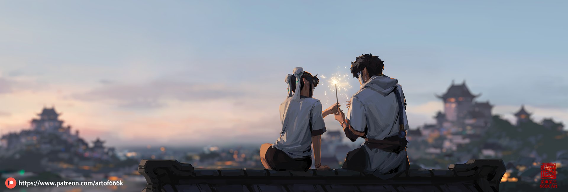 the artwork depicts a young animestyle couple sitting on a rooftop, their backs to the viewer. they are holding a sparking firework between them, gazing out at a beautiful sunset over a sprawling asian city. the city's traditional architecture is visible in the background, slightly blurred to emphasize the couple in the foreground. the overall atmosphere is peaceful, romantic, and serene, conveying a sense of intimacy and togetherness. the art style is painterly, with soft colors and a slightly hazy atmosphere.  a patreon watermark is visible in the bottom left corner.