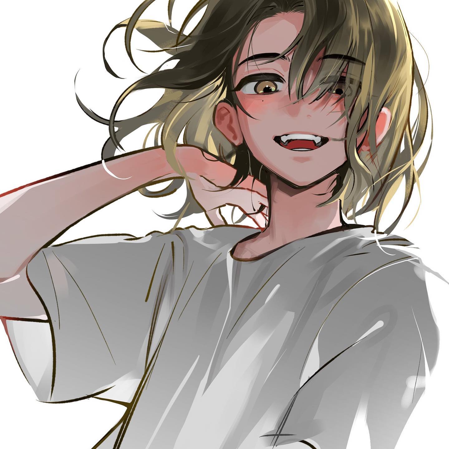 a digital art illustration of an anime girl with long brown and blonde hair, wearing a white tshirt, with a toothy smile and bright yellow eyes. her mouth is slightly open, revealing her fangs. the background is plain white.