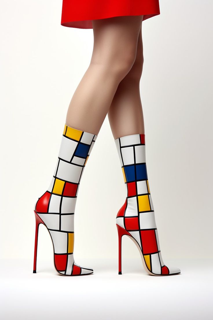 a woman wearing a red dress and highheeled boots with a mondrianinspired pattern of white, red, yellow, and blue color blocks outlined by black lines.
