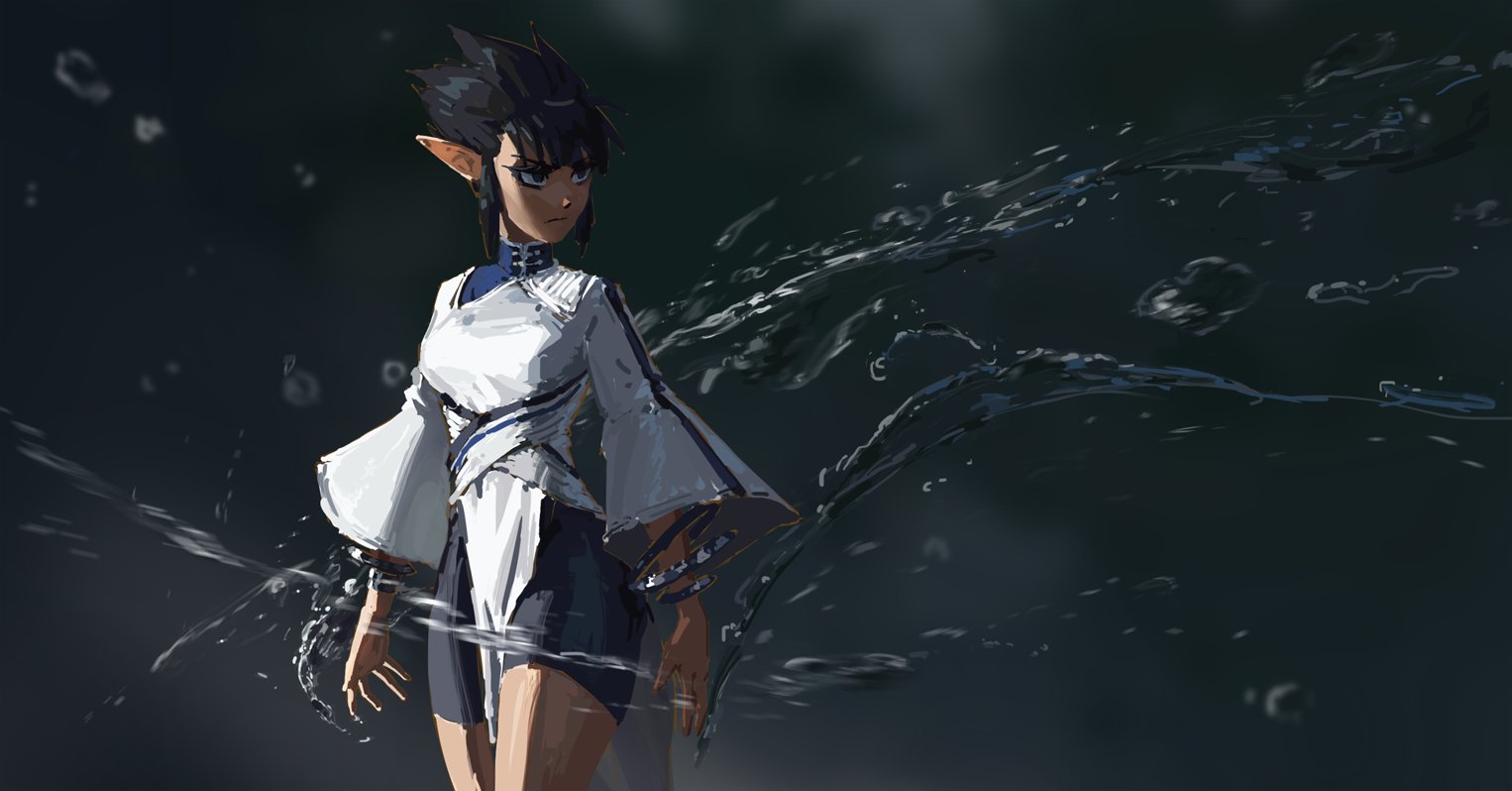 the image is a digital painting of a stylized animestyle female elf character. she has dark hair, pointed ears, and is wearing a flowing white and dark blue dress.  she appears powerful and mysterious, with a serious expression.  dark, flowing water or energy is depicted swirling around her, suggesting movement and possibly magical abilities. the background is a dark, moody setting, enhancing the overall atmospheric feel. the art style is painterly and somewhat loose, with visible brushstrokes.