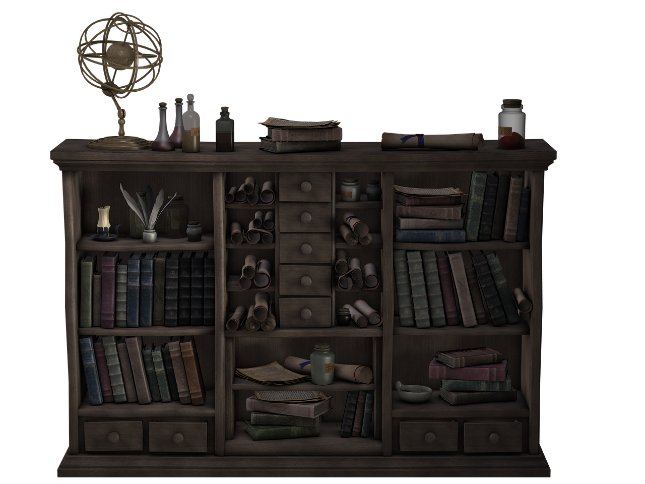a dimly lit wooden bookshelf is filled with various objects. on the top shelf, there is a globe, several bottles, a stack of books, and a scroll. the shelves below contain books of varying sizes and colors, rolled scrolls, small drawers, an inkwell with pens, a candle, a jar, a mortar and pestle, and scattered papers. the bookshelf has multiple compartments and drawers, all arranged in a disorganized, scholarly fashion.