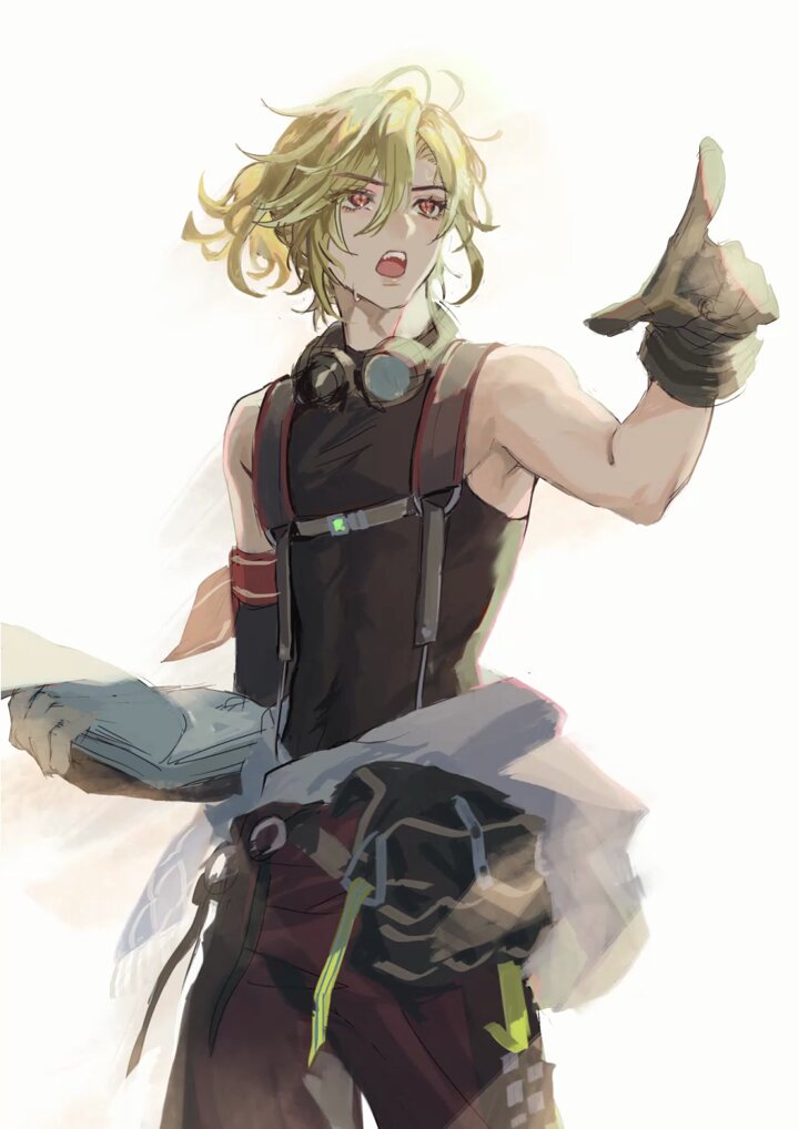 this image is a digital art illustration of an anime male character. he has blond hair and red eyes. he is wearing a sleeveless shirt with straps and goggles. he is pointing with his right hand and standing on a white background.