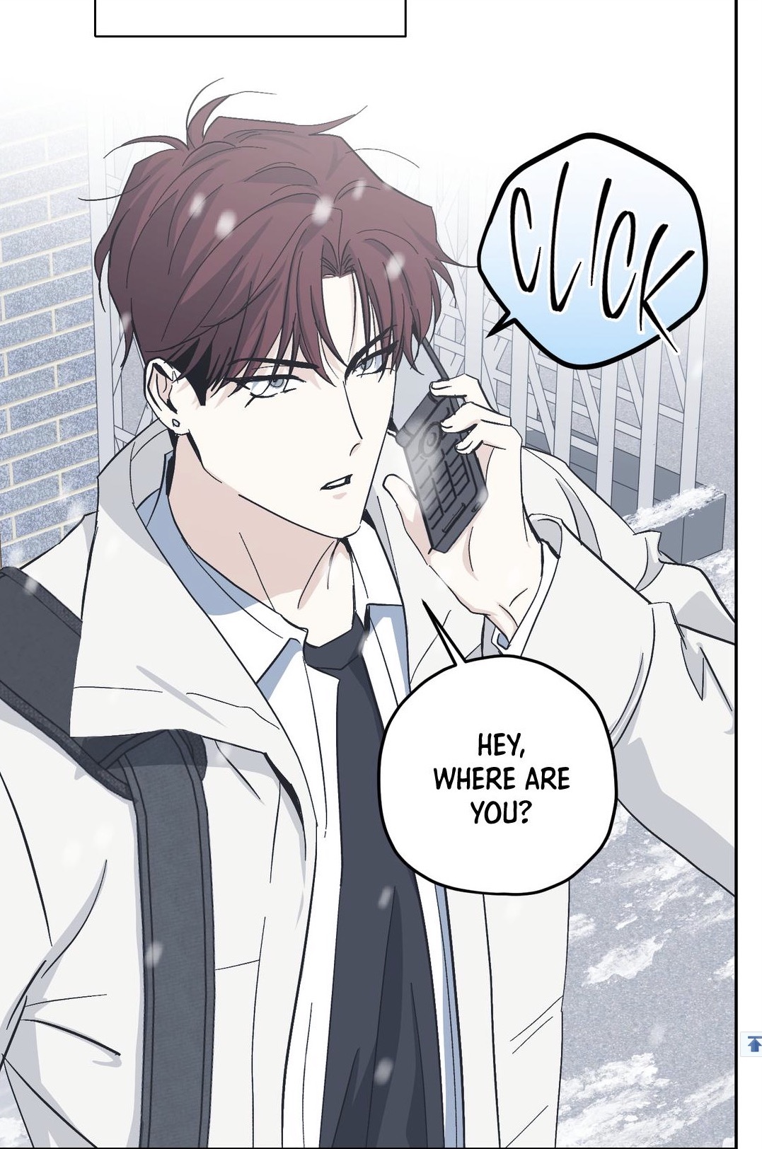 the image shows a closeup of a young man, likely from an anime or manga series. he has dark reddishbrown hair and is wearing a light grey coat or jacket. snow is gently falling around him. he's holding a flip phone to his ear, appearing slightly worried or concerned.  a speech bubble above his head says "click," indicating he just ended a call. another speech bubble shows his dialogue:  "hey, where are you?". the background is a blurred cityscape with buildings and a bridge in the distance. the overall mood is somewhat melancholic and suspenseful.
