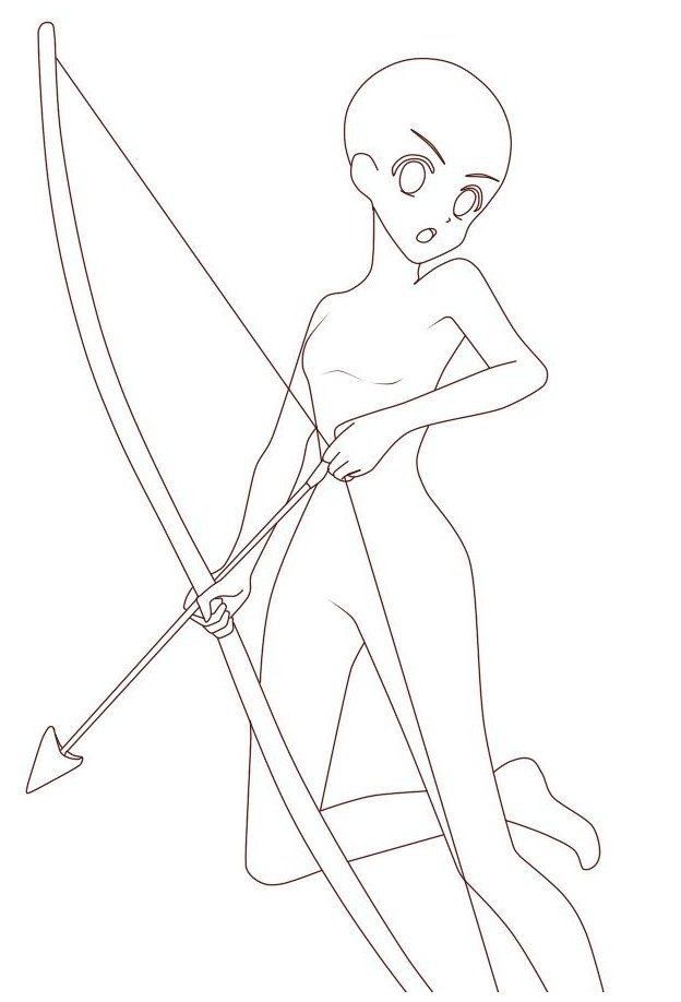 this is a line art drawing of a female anime character holding a bow and arrow. the character is in a pose that is suggestive of aiming and shooting.
