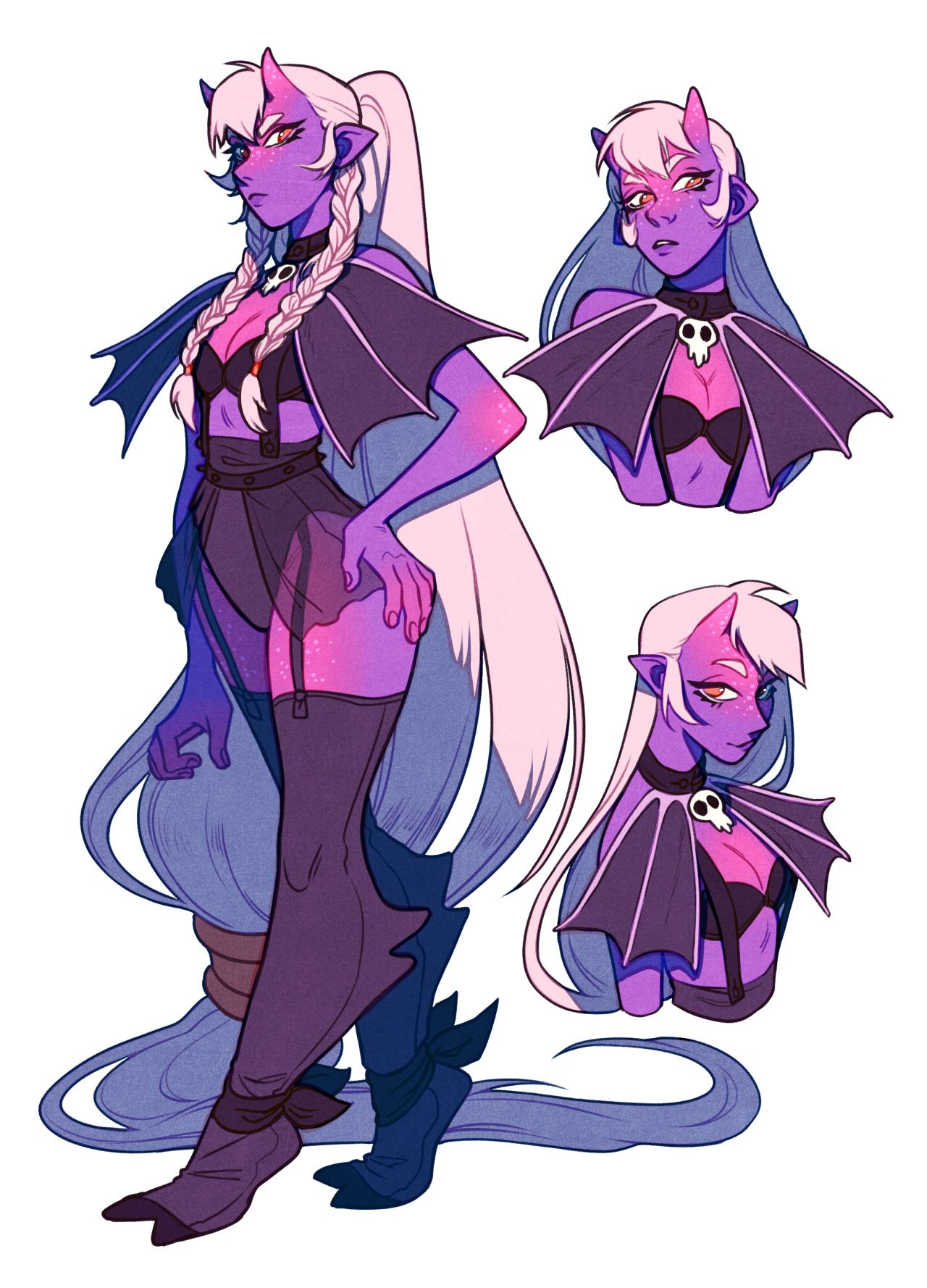 a digital illustration of a demon girl concept art against a plain white background. the character has purple skin, long white hair, and horns. she is wearing a revealing black and purple outfit and has a batlike collar.  the image contains three different views of the character; full body front view, bustup front view, and bustup side view.