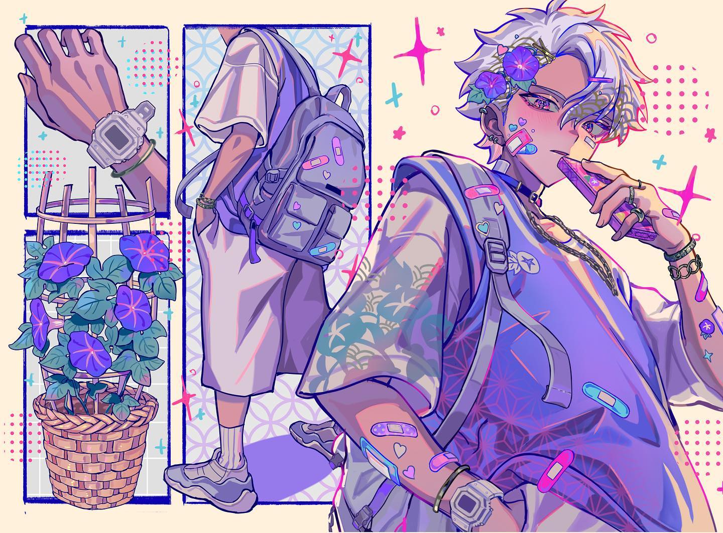 the image is a vibrant digital illustration of a stylish anime boy. he has silver hair adorned with morning glory flowers, and he's wearing a pastel purple streetwear outfit, including a patterned shirt, a backpack with decorative bandages, a wristwatch, and various other accessories. he's holding a cellphone.  the illustration incorporates a collagestyle arrangement with additional panels showcasing details like a wristwatch closeup, a potted morning glory plant, and the back view of the boy showcasing his attire and backpack. the overall aesthetic is pastel, trendy, and distinctly animeinspired. the style is reminiscent of character designs seen in both manga and online anime art communities.