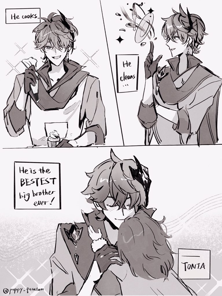 the image is a comicstyle illustration featuring three characters. the first panel shows a boy with horns cooking, with a caption "he cooks". the second panel shows the same boy holding a plate and smiling, with a caption "he cleans".  the final panel shows him hugging a younger boy, with a caption "he is the bestest big brother ever". both boys have horns and look like demons. this is an illustration of a loving relationship between two siblings.