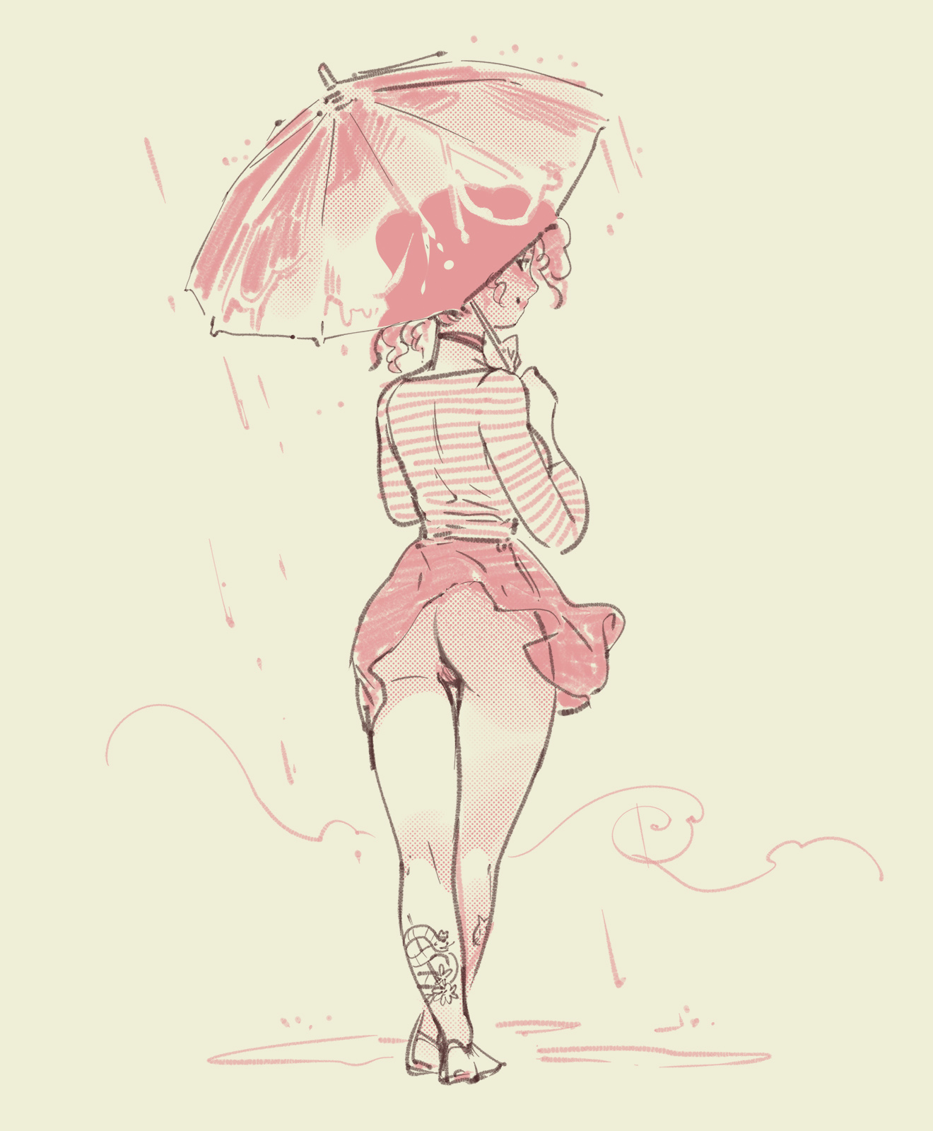 the illustration depicts a young woman from behind, walking away from the viewer in the rain. she's holding a pink umbrella, and her pink skirt is blowing in the wind slightly revealing her legs, which have visible tattoos.  the style is loose and sketchy, using pastel pink tones against a light beige background. the overall feel is whimsical and feminine. the scene appears to be outdoors, in a light rain.  the art style is reminiscent of anime or manga.