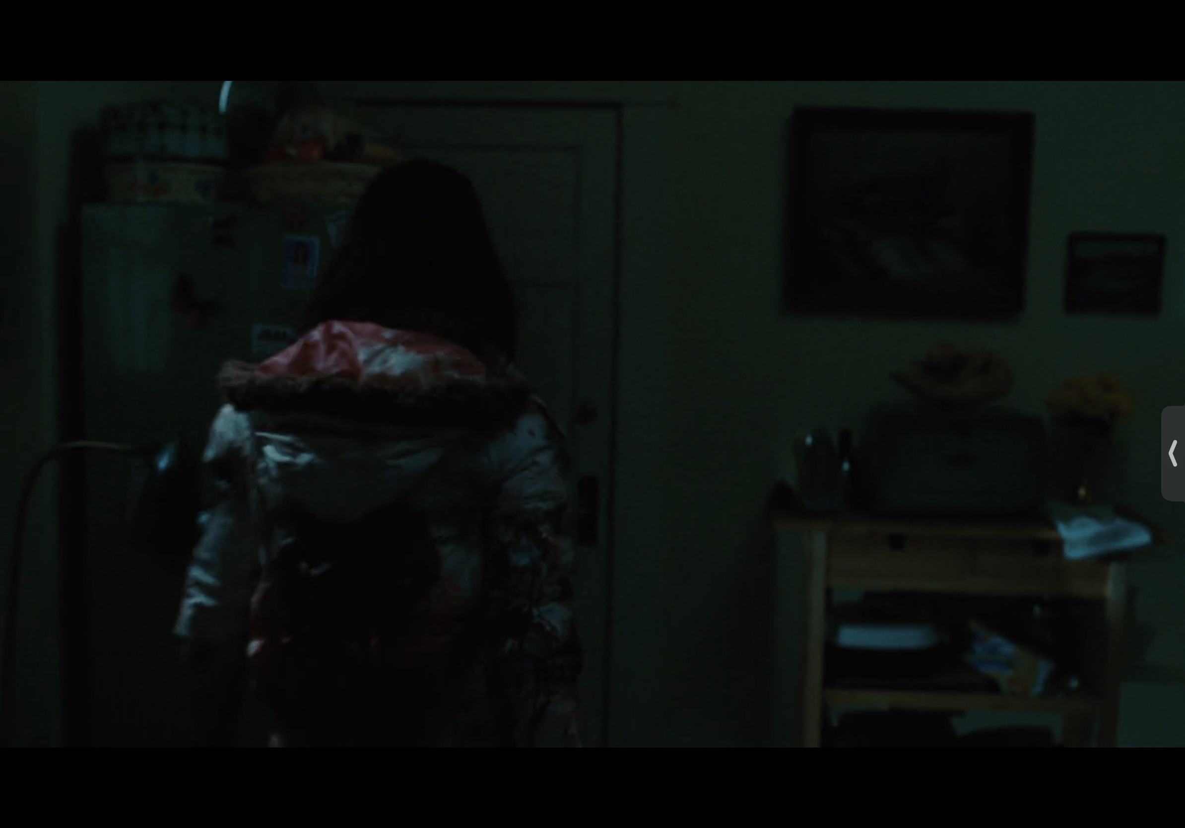 a young woman, wearing a hooded jacket, stands in a dark room with an open doorway behind her. the room is dimly lit, and it is hard to make out the details of the scene, which is obscured by shadows and darkness. she appears to be looking away from the camera, and her expression is tense and uneasy. the scene creates a sense of mystery and foreboding.  it's possible that this scene is from a horror movie.