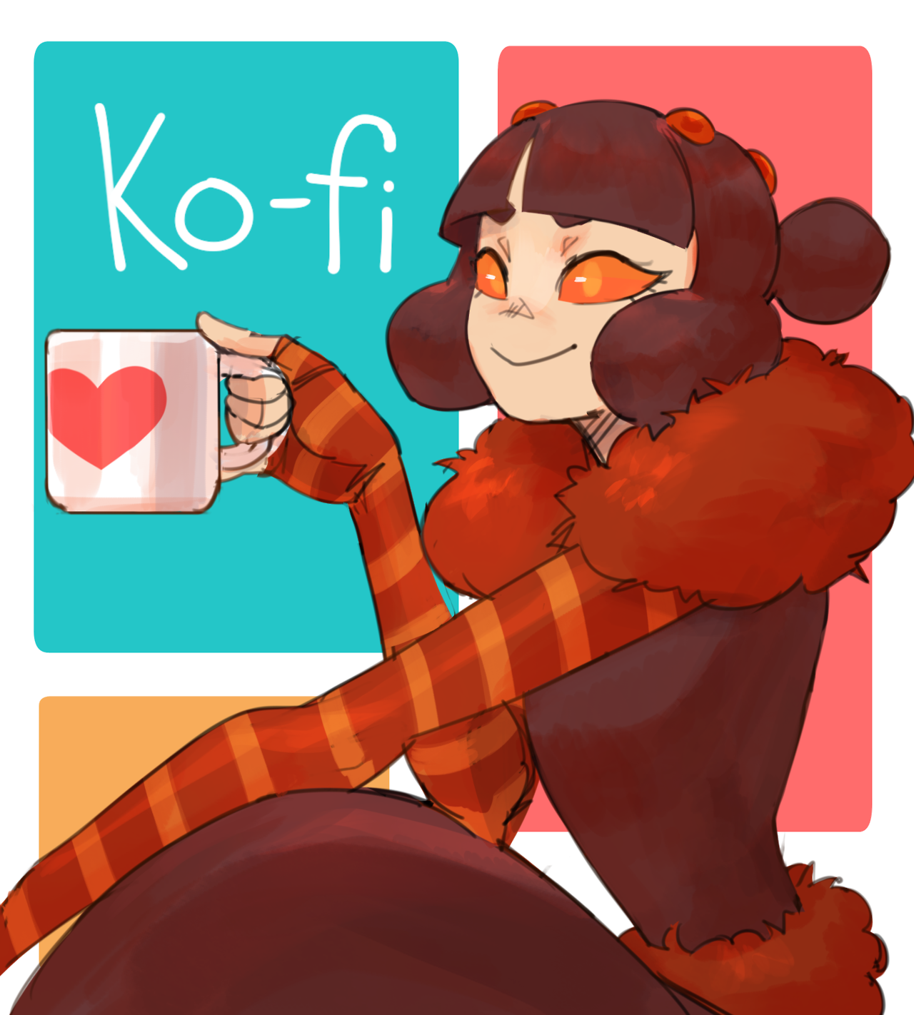 a cartoon girl in a brown outfit with orange and red stripes, holding a coffee mug with a heart on it. the girl has brown hair, brown eyes, and a smiling face. the background is a blue, orange, and pink square.