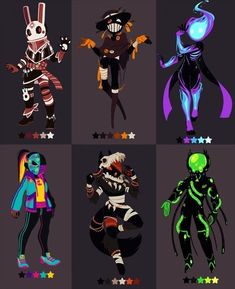 the image showcases six distinct character designs set against a dark background. each character embodies a unique halloweeninspired aesthetic, featuring elements like skeletons, ghosts, and whimsical creatures. their attire and features are rendered in a vibrant color palette, creating a striking contrast against the backdrop. each character is presented in a fullbody pose, allowing for a comprehensive view of their design. the overall impression is one of creativity and a playful approach to halloween themes.