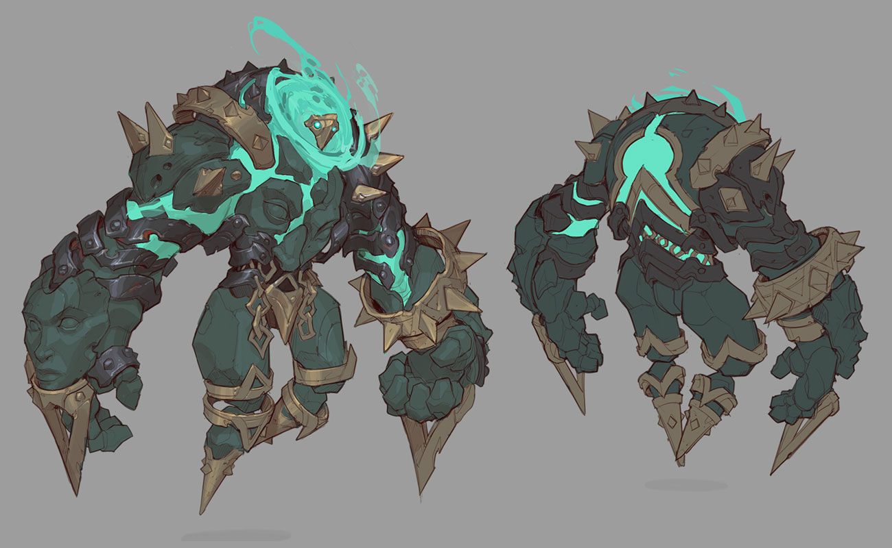 the image showcases concept art for a fantasy creature, likely a golem or similar rockbased monster,  presented in a front and back view. the creature is predominantly dark teal or turquoise, with gold or bronze accents on its armor and joints. it has a rocky, textured appearance with prominent spikes and seems to have a glowing energy core within. the style suggests concept art for a video game or similar digital media. the line art is clean, and the colors are muted but striking, indicating a polished concept design. the artist shows clear attention to detail in rendering the texture and structure of the creature.