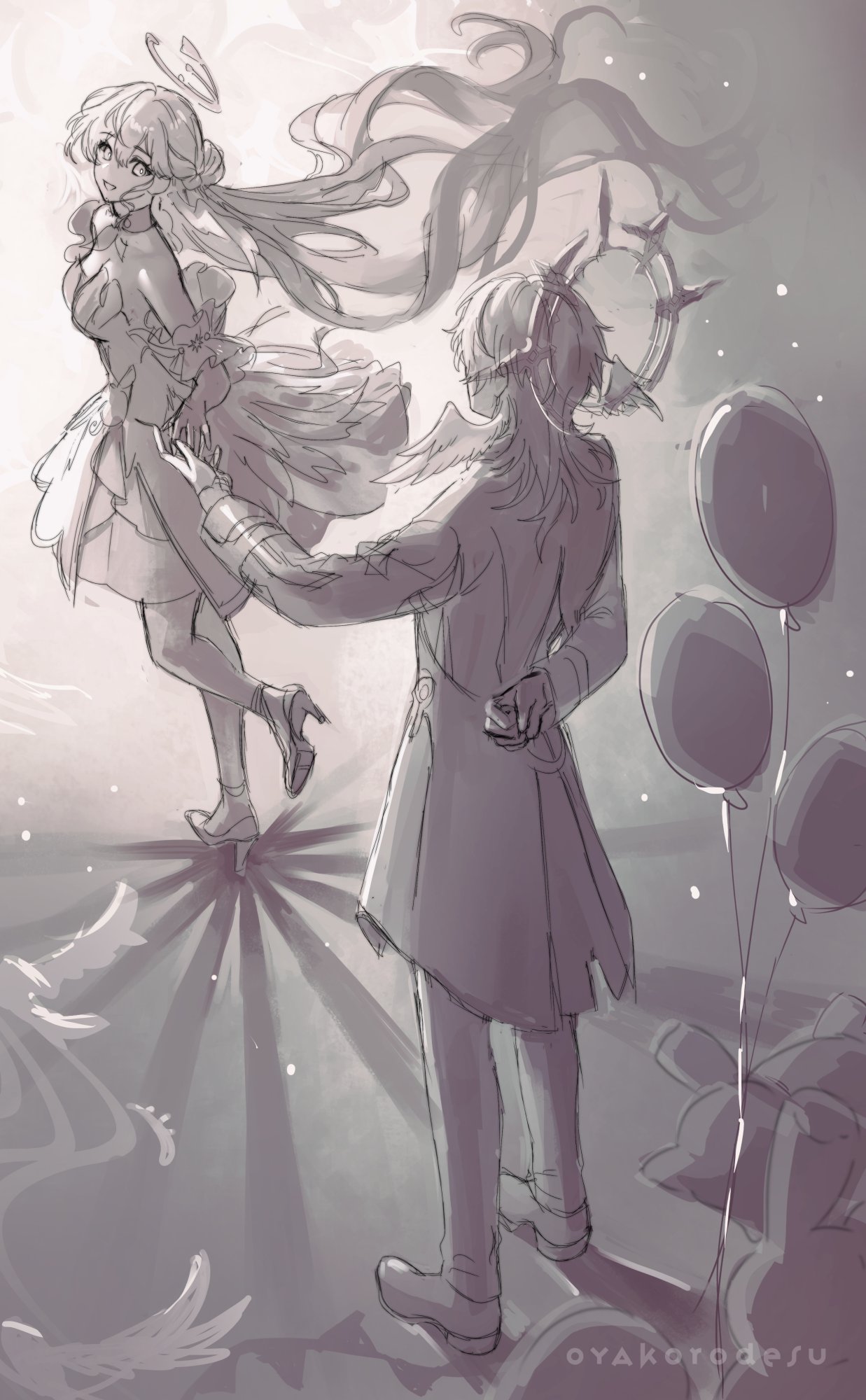 a sketch of a demon with a pair of horns standing on a light colored background as a winged angel floats in front of him, there are balloons floating and a beam of light shining on the floor, the scene is a surreal, fantasy, romantic image.