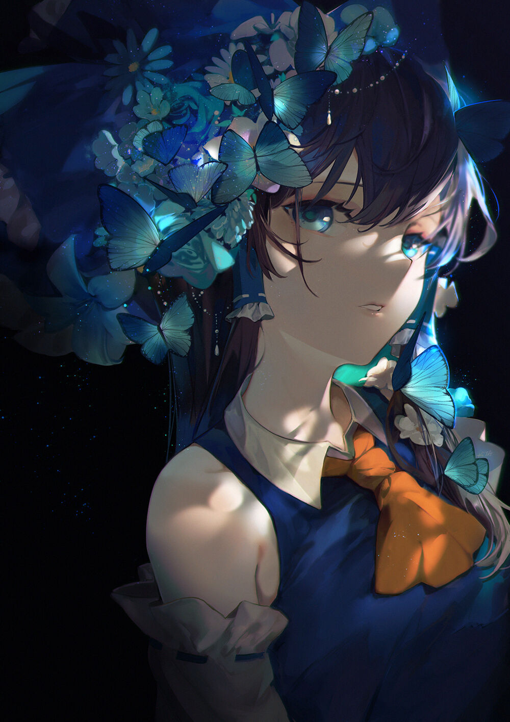 the image shows a beautiful anime girl with long dark hair adorned with a crown of blue butterflies and flowers. she is wearing a dark blue dress with an orange bow and has striking teal eyes. the background is dark, creating a contrast that emphasizes the girl's features and the intricate details of her attire and accessories.  the overall style is elegant and slightly fantasylike, reminiscent of digital art or illustration. the lighting is dramatic, highlighting certain aspects of her face and dress.