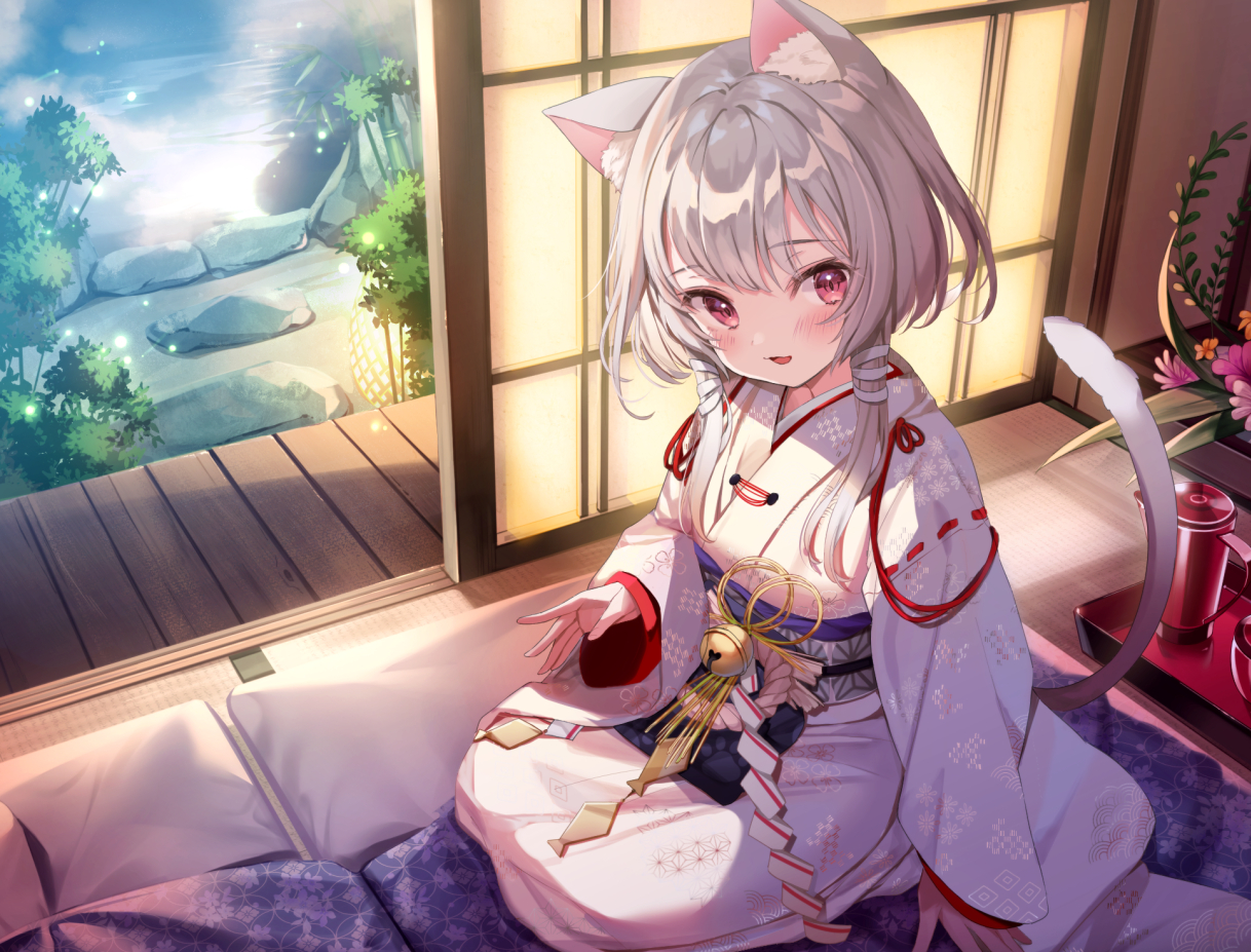 he image is a digital drawing of an anime girl with cat ears. she is wearing a white kimono with red accents and is sitting on a bed near a window overlooking a japanesestyle garden. the room is decorated in a traditional japanese style, with shoji screens and tatami mats. the overall mood is peaceful and serene.