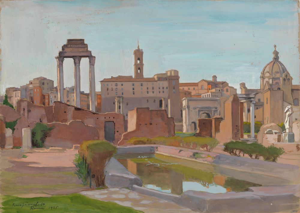 the image is a painting depicting the roman forum in rome, italy. the painting shows ruins, columns, and buildings, including a pond in the foreground. the sky is blue, and the overall impression is one of a historical site. the painting is dated 1925.