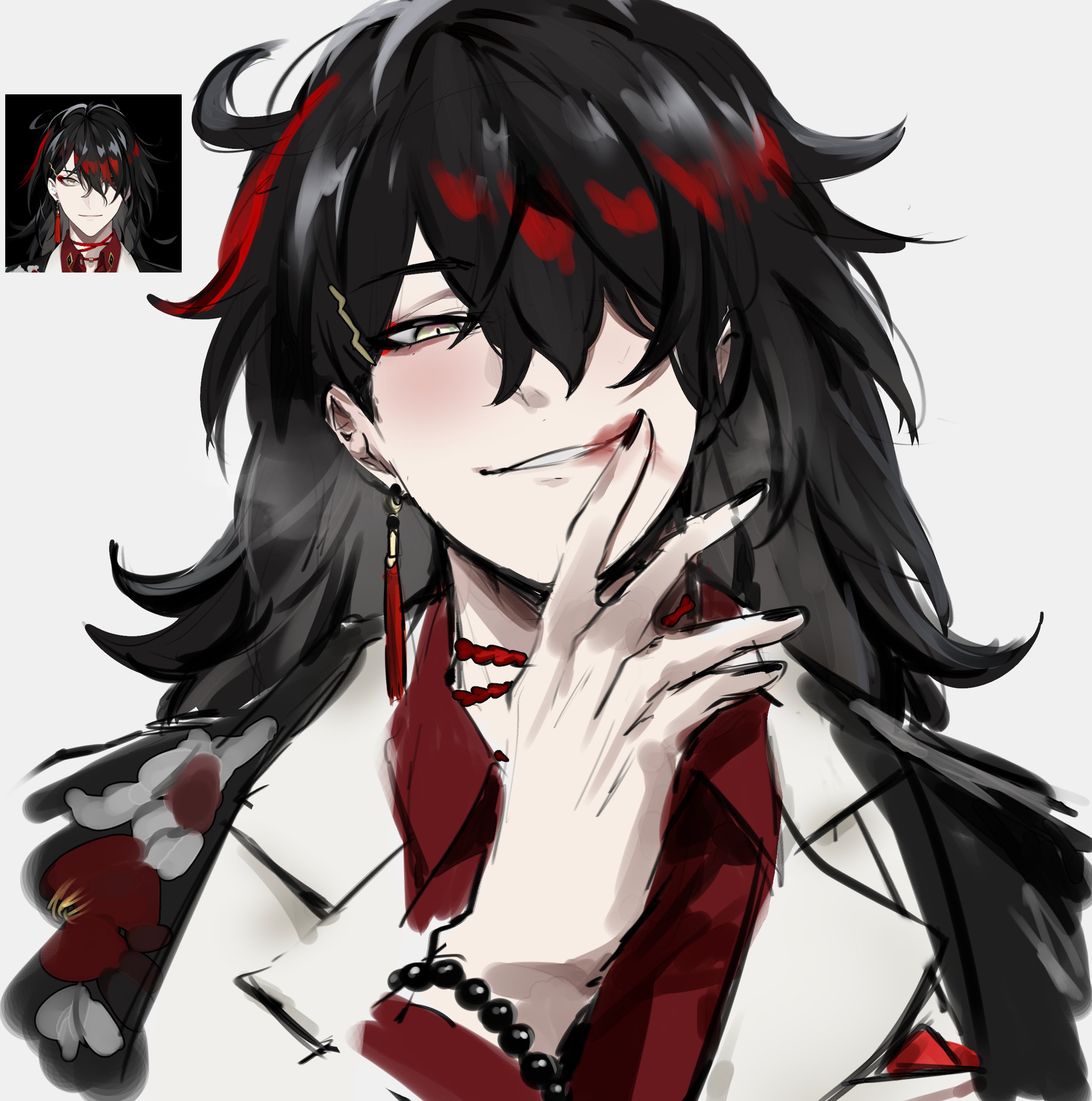 this is a digital illustration of an anime character with long black hair, red eyes, and red lips. he's wearing a red shirt and white jacket with a black bead bracelet on his wrist. his finger is on his lips, with a smirk on his face. the art style is dark and mysterious, with a focus on the character's seductive and confident demeanor. the character's appearance is designed to be alluring and intriguing, hinting at a complex and possibly dangerous personality.