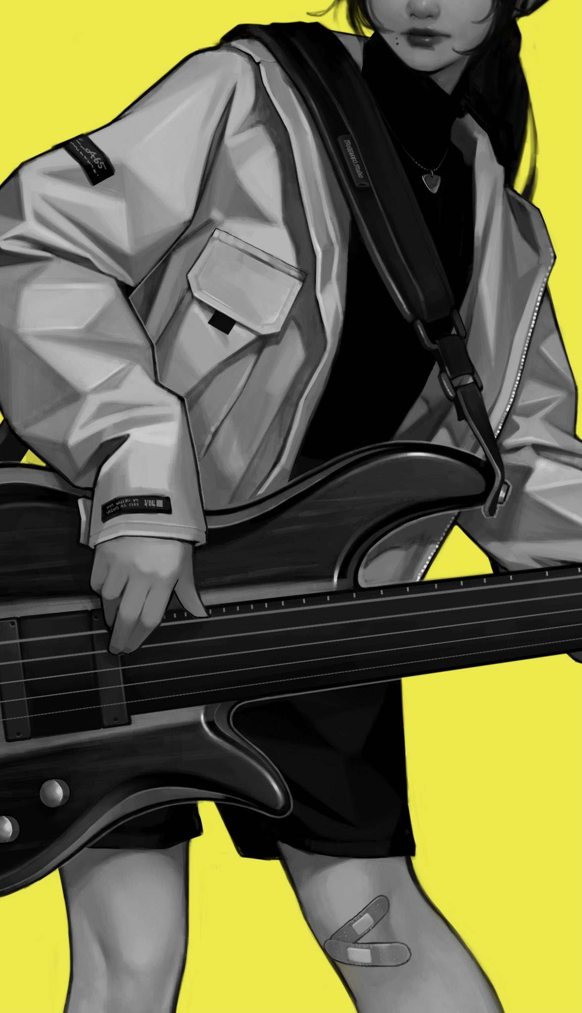 he image showcases an animestyle girl playing a bass guitar. she's dressed in a monochrome outfit: a light gray jacket with pockets, dark shorts, and a black turtleneck top. a black bandoleer is slung across her body.  she has a knee patch visible, adding to the casual yet stylish aesthetic. the background is a vibrant yellow, creating a strong contrast with the grayscale figure and her instrument. the overall style is sleek and modern, with a focus on detail in the clothing and the instrument. the artist has used a combination of shading and linework to give the image depth and texture.