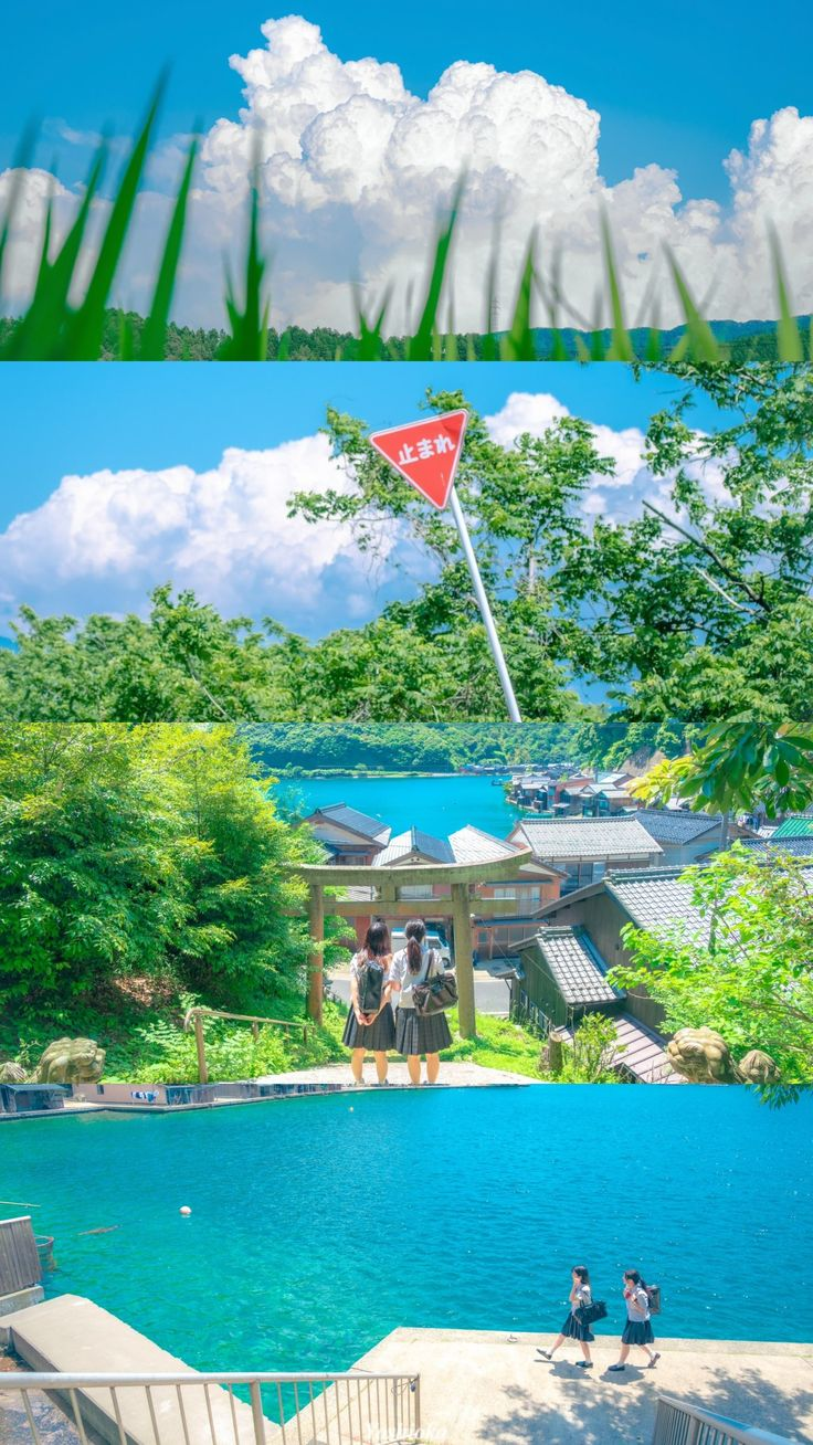 the image is a collage of three scenes. the top scene shows green grass against a backdrop of a bright blue sky with fluffy white clouds. the middle scene features a landscape with a red stop sign, green trees, buildings, a lake, and two schoolgirls standing near a torii gate. the bottom scene displays a clear turquoise pool with stairs leading down to it, and two schoolgirls are walking near the pool.