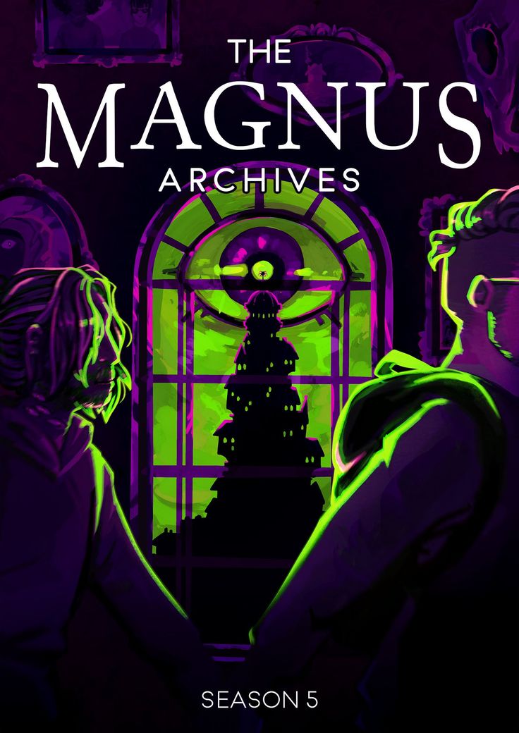 the image is promotional artwork for season 5 of the podcast "the magnus archives." it features a stylized illustration of two figures silhouetted against a large window, through which a mysterious, dark building is visible. the color palette is predominantly dark purple and bright green, creating a gothic and suspenseful atmosphere. the title "the magnus archives" is prominently displayed at the top, along with "season 5" at the bottom. the artwork suggests a narrative filled with mystery, horror, and supernatural elements.