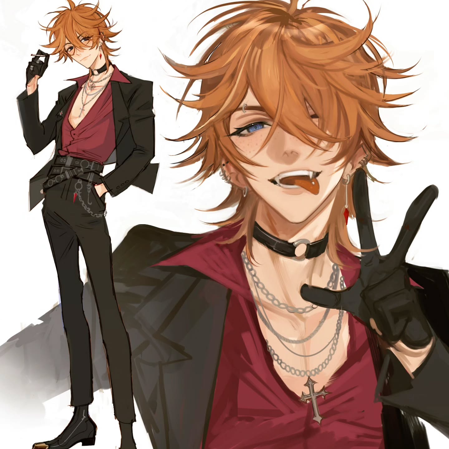 the image is a digital drawing or painting of an animestyle male character.  he is depicted in two different poses. on the left is a fullbody shot showcasing his outfit: a black blazer over a red shirt, black pants, and various accessories like necklaces, a choker, rings, and a belt with chains.  on the right, a closer, more expressive shot focuses on his face and upper body, showing off his fiery orange hair, and playful, slightly mischievous expression. he's giving a peace sign with one hand, emphasizing his confident and stylish attitude. the art style is smooth and blends realistic shading with anime aesthetics. the overall vibe is edgy, fashionable, and possibly rebellious.