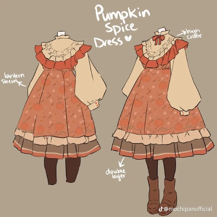 a fashion illustration showcasing the front and back of a dress design called "pumpkin spice dress". the dress has a fallthemed color scheme and pumpkin pattern.  some details of the design are also labeled, such as "lantern sleeves", "double layer", and "ribbon collar".