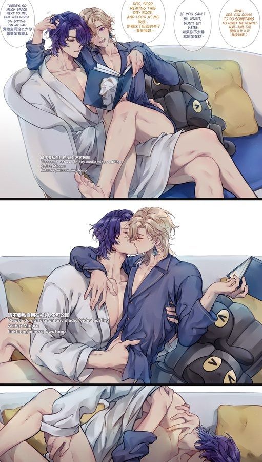 he image is a yaoistyle illustration depicting three scenes of a romantic relationship between two young men. the first scene shows them lounging together on a sofa, with one reading a book while the other rests on his lap. the second scene shows them kissing passionately on a sofa, and the third shows them engaging in intimate physical contact.  the artwork is in a soft, pastel color palette, with detailed character designs and backgrounds that suggest a comfortable and intimate setting.  there is text in both english and what appears to be japanese or chinese, potentially dialogue or narration. the overall style evokes romance and intimacy within a lighthearted yet suggestive context.