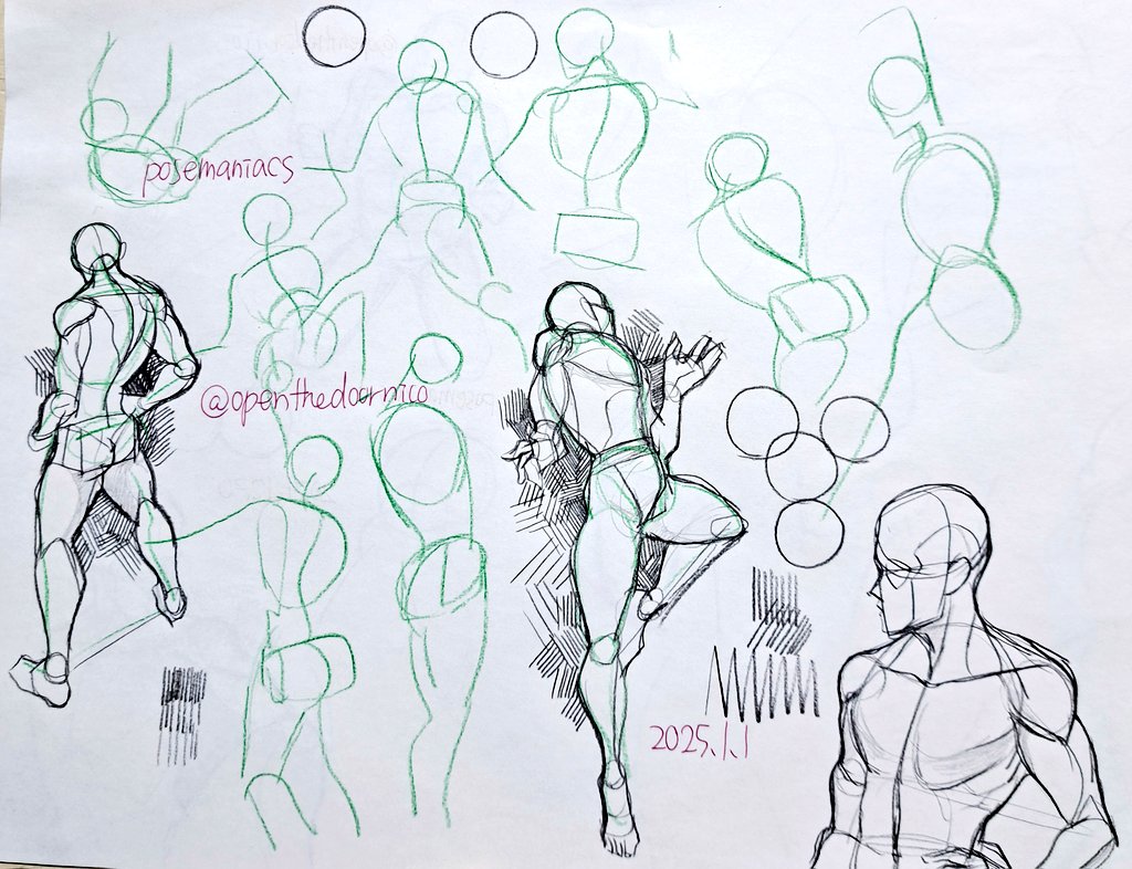 the image showcases a collection of figure sketches done in pencil.  various poses are depicted, ranging from quick gesture drawings (light green lines) to more detailed anatomical studies (darker pencil lines). some figures are more developed, showing muscle structure and form, while others are simplified, emphasizing movement and flow. the sketches seem to be practice work, with annotations like "@openthedoormico" and "posemaniacs"  suggesting the artist's online presence or source of inspiration.  the date "2025,11" is also visible, indicating the time of creation.  the overall style is dynamic, with several figures captured in action or implied movement. the drawings are done on a white sheet of paper, with some areas of shading and texture used to define form.