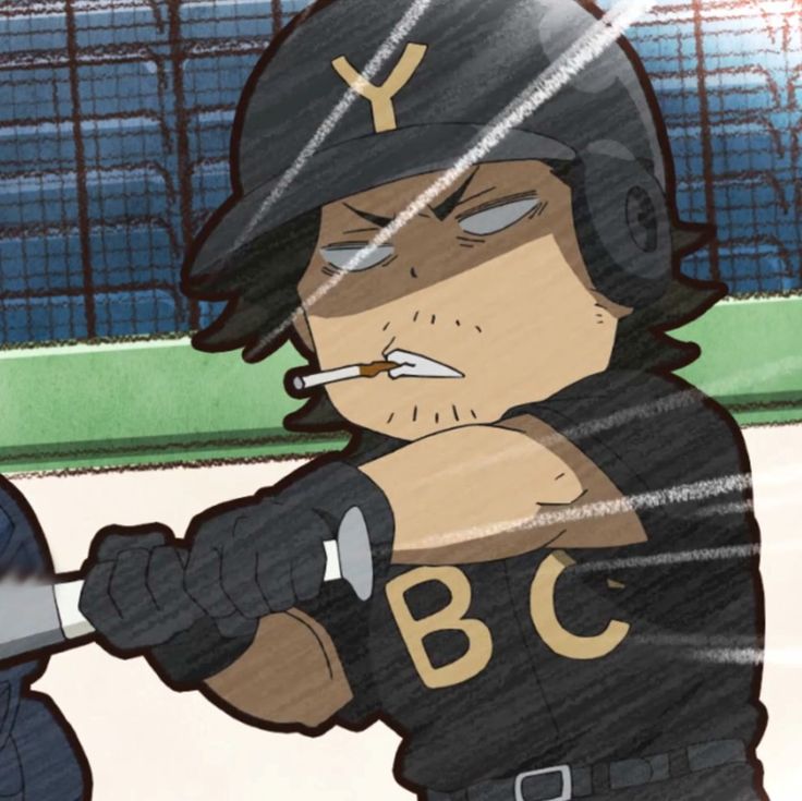 a cartoon baseball player in a black uniform with "bc" on the chest and a yellow "y" on his cap. he's holding a bat and looking intensely at something offscreen. his face is drawn with serious lines, and he's even smoking a cigarette while he holds the bat. the player is depicted with a serious and determined expression, suggesting he's ready for the game.