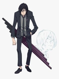 an anime character design on a plain white background. the character is male, with short, dark, slightly unkempt hair and glasses. he is wearing a dark grey suit with a white shirt and dark tie, and is holding a katana at his side in his right hand. the character is facing forward and looking slightly to the left of the viewer. a ghostly white profile of the character's head, facing to the right, is positioned behind and to the right of him.